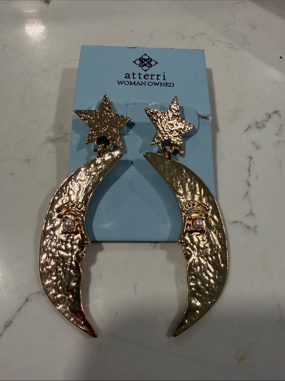 Atterri Gold Moon & Star Drop Earrings with Pearl Accent